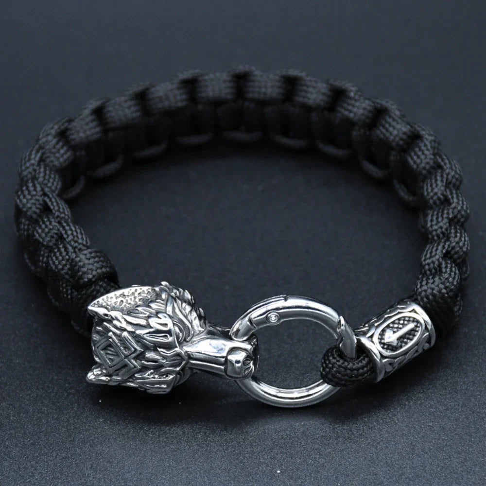 Viking Rugged Wolf Paracord Bracelet with Steel Wolf Head Clasp