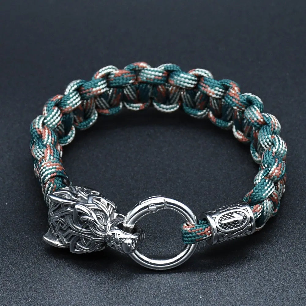 Viking Rugged Wolf Paracord Bracelet with Steel Wolf Head Clasp