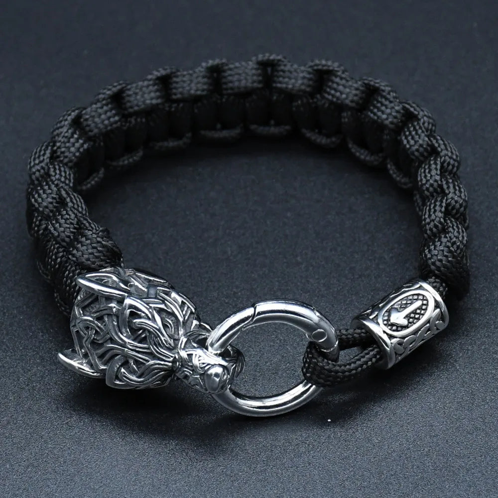 Viking Rugged Wolf Paracord Bracelet with Steel Wolf Head Clasp