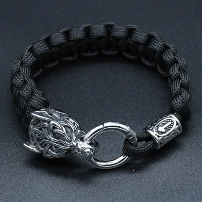 Viking Rugged Wolf Paracord Bracelet with Steel Wolf Head Clasp