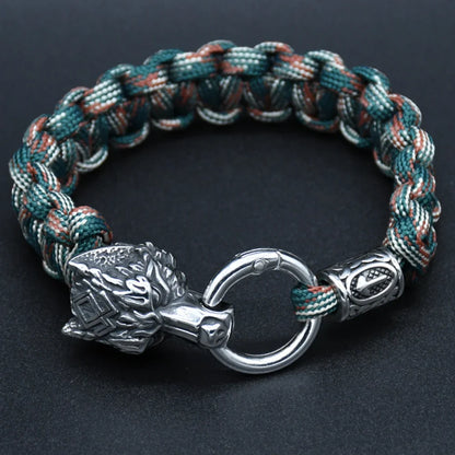 Viking Rugged Wolf Paracord Bracelet with Steel Wolf Head Clasp