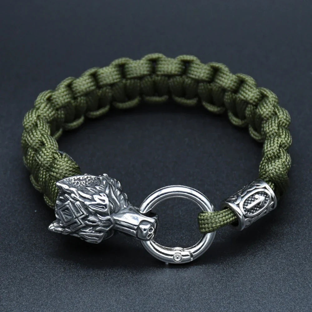 Viking Rugged Wolf Paracord Bracelet with Steel Wolf Head Clasp
