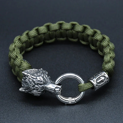 Viking Rugged Wolf Paracord Bracelet with Steel Wolf Head Clasp