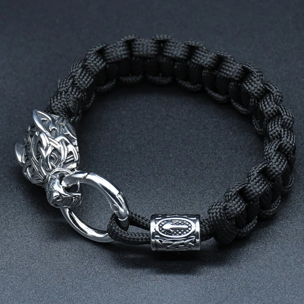 Viking Rugged Wolf Paracord Bracelet with Steel Wolf Head Clasp