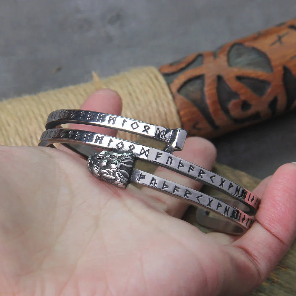 Viking Stainless Steel Dragon Bracelet with Runic Engraving Adjustable