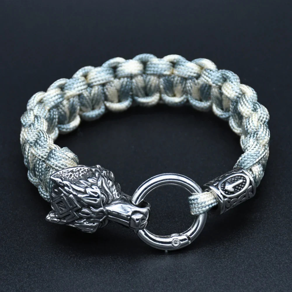 Viking Rugged Wolf Paracord Bracelet with Steel Wolf Head Clasp