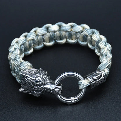 Viking Rugged Wolf Paracord Bracelet with Steel Wolf Head Clasp