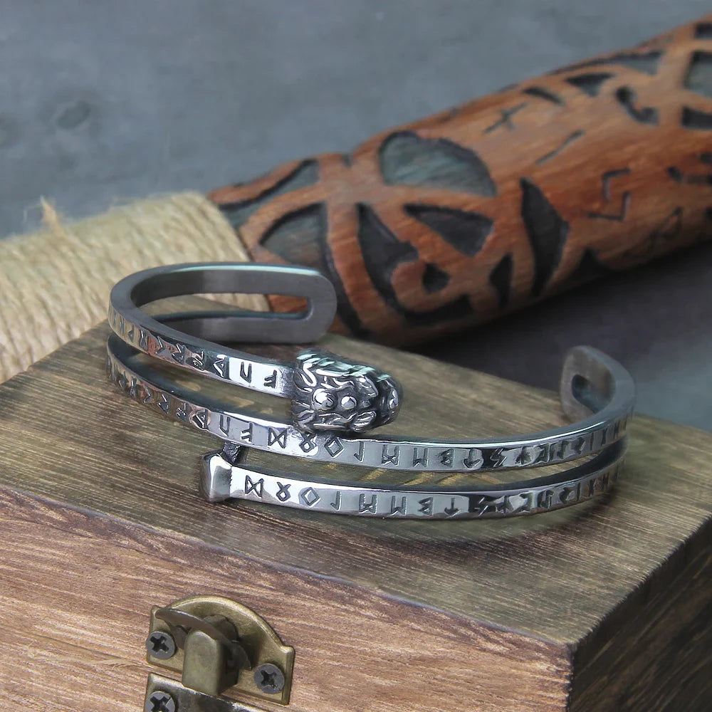 Viking Stainless Steel Dragon Bracelet with Runic Engraving Adjustable