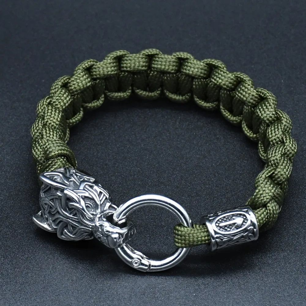Viking Rugged Wolf Paracord Bracelet with Steel Wolf Head Clasp