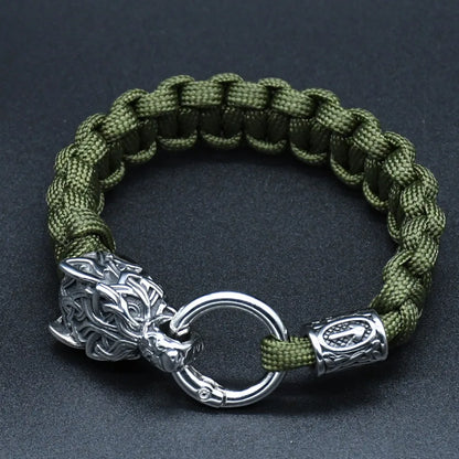 Viking Rugged Wolf Paracord Bracelet with Steel Wolf Head Clasp