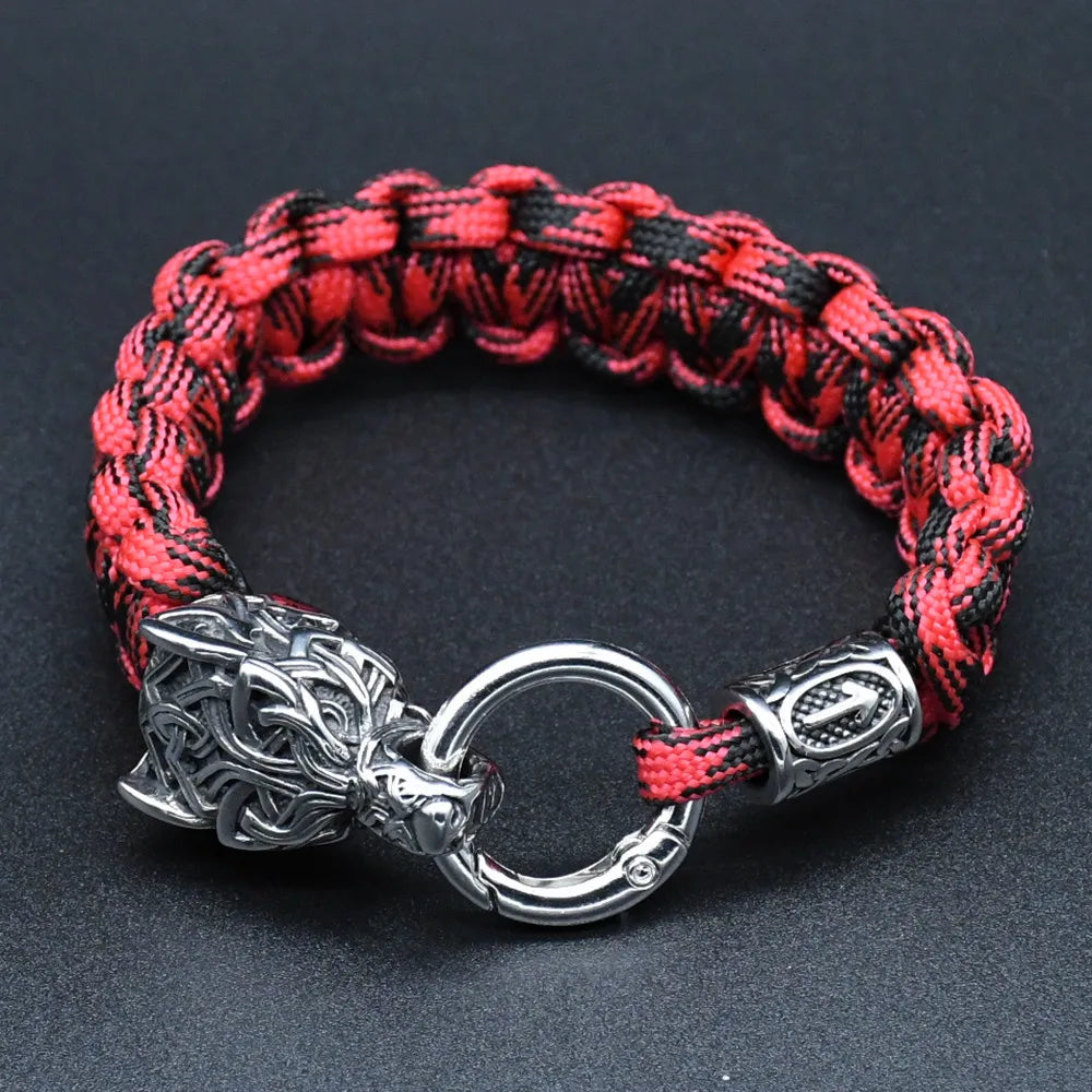 Viking Rugged Wolf Paracord Bracelet with Steel Wolf Head Clasp