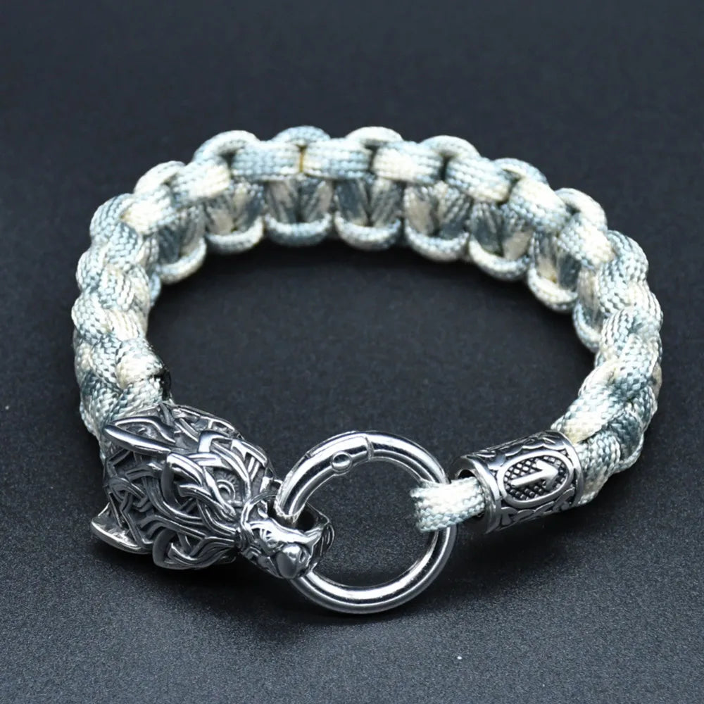 Viking Rugged Wolf Paracord Bracelet with Steel Wolf Head Clasp
