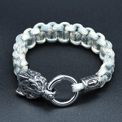 Viking Rugged Wolf Paracord Bracelet with Steel Wolf Head Clasp