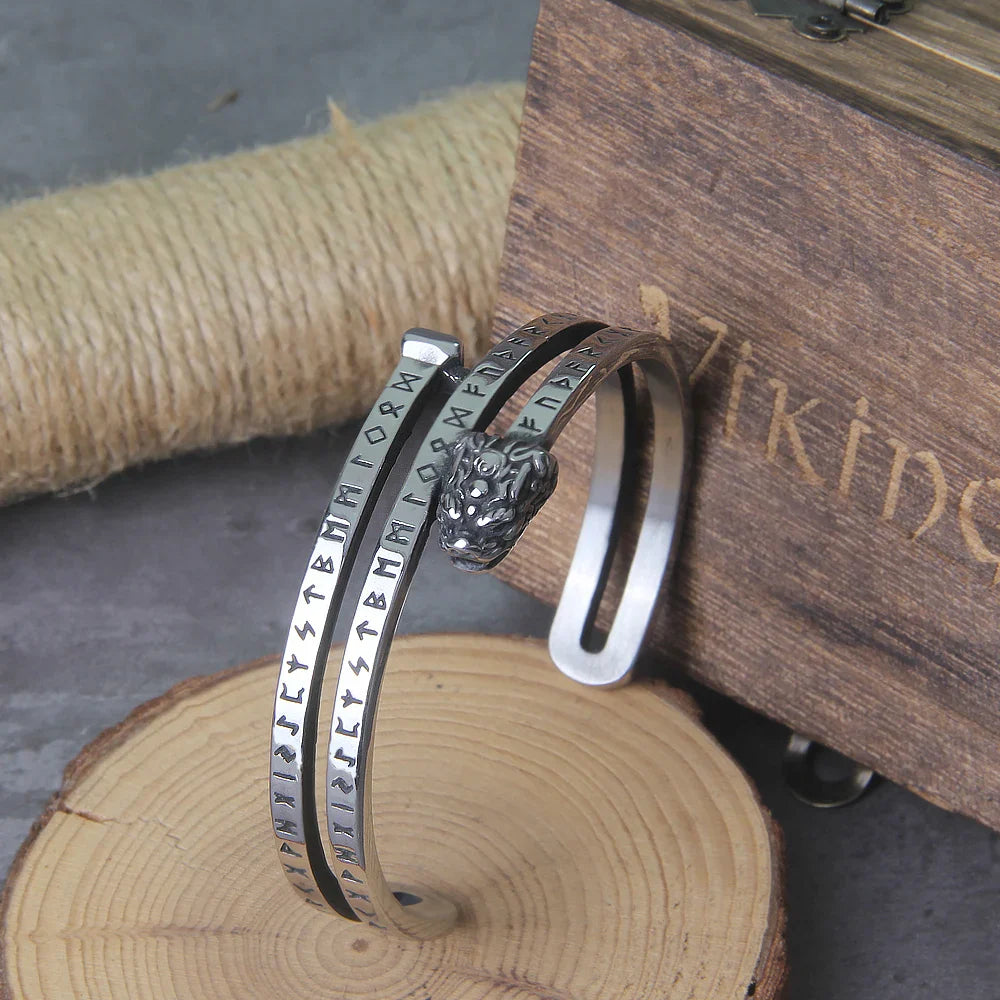 Viking Stainless Steel Dragon Bracelet with Runic Engraving Adjustable