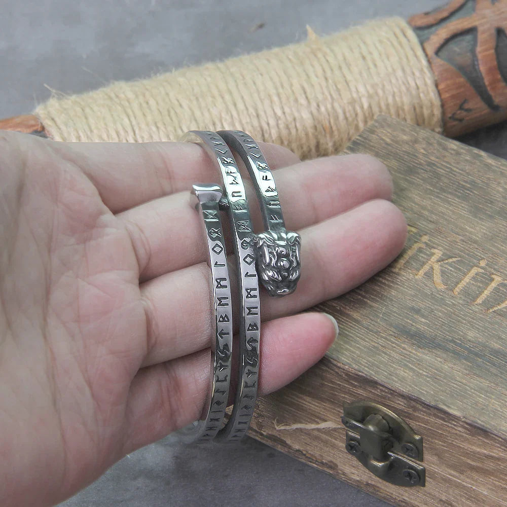 Viking Stainless Steel Dragon Bracelet with Runic Engraving Adjustable