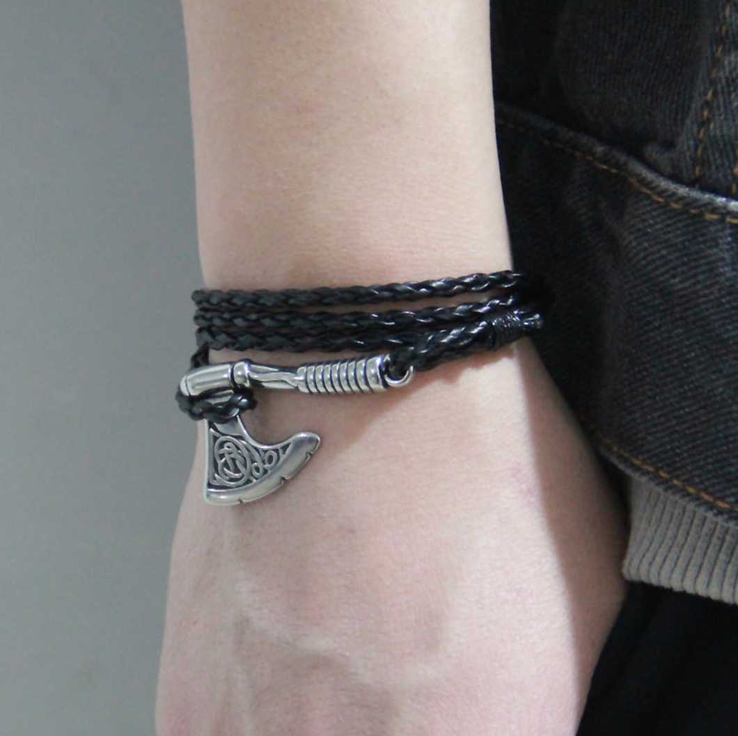 Viking Axe Bracelet Bundle with 4-Piece Rustic Stainless Steel Charms