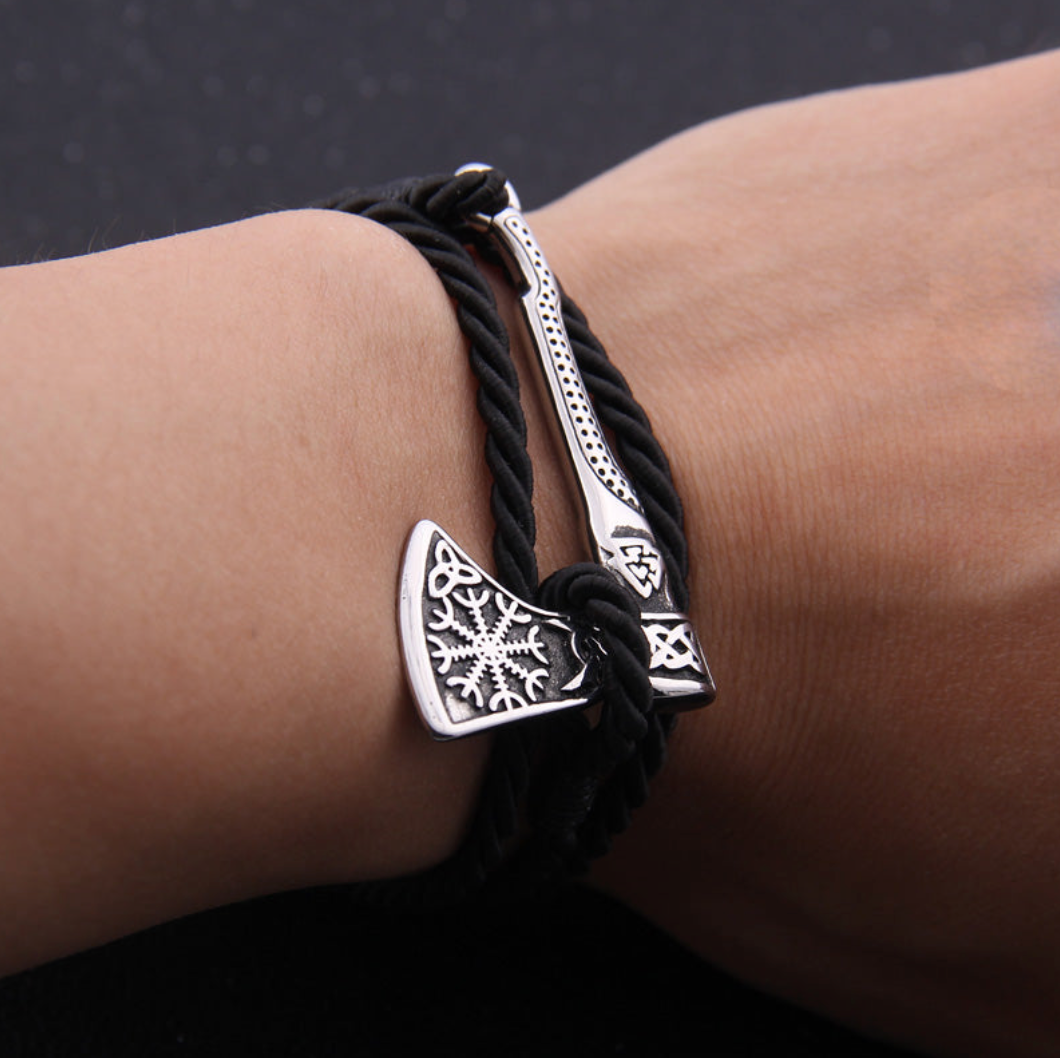 Viking Axe Bracelet Bundle with 4-Piece Rustic Stainless Steel Charms