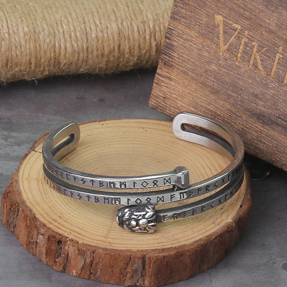 Viking Stainless Steel Dragon Bracelet with Runic Engraving Adjustable