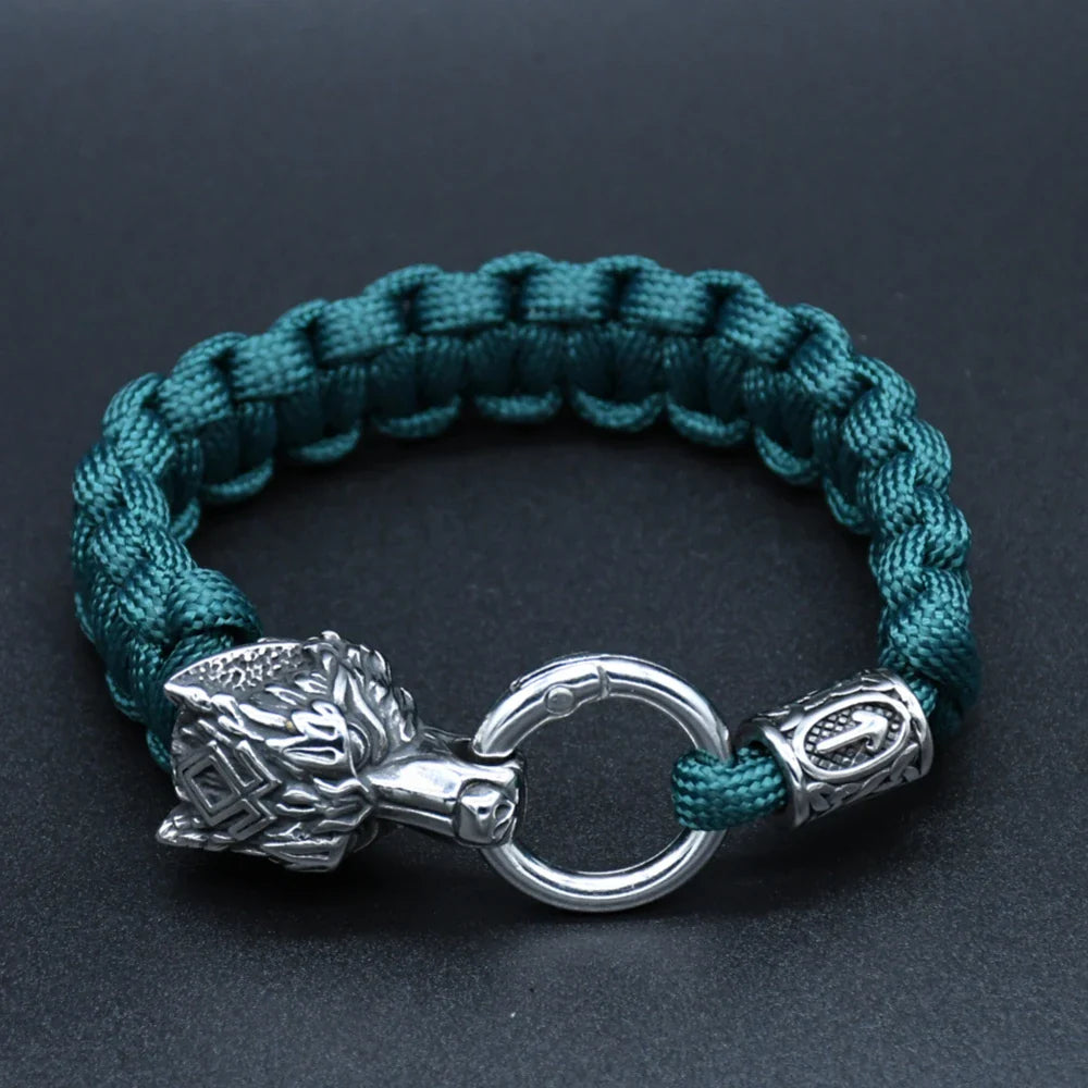 Viking Rugged Wolf Paracord Bracelet with Steel Wolf Head Clasp