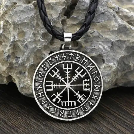 Vegvisir Viking Compass Rune Necklace with Faux Leather Cord