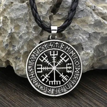 Vegvisir Viking Compass Rune Necklace with Faux Leather Cord