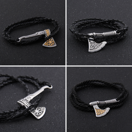 Viking Axe Bracelet Bundle with 4-Piece Rustic Stainless Steel Charms