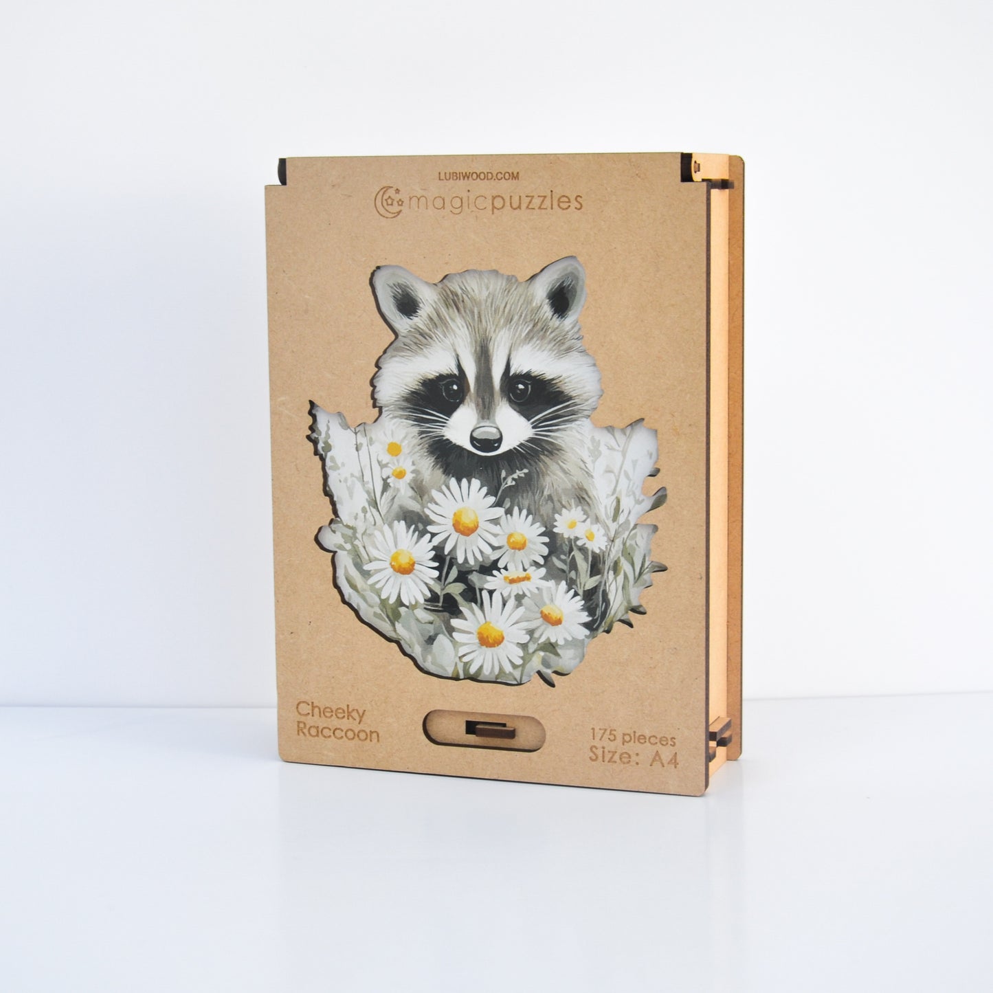 Rompecabezas de Madera Premium: Mapache Travieso con Flores Acuarela, Piezas Únicas