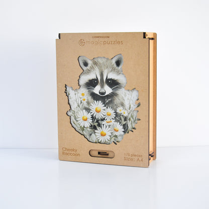 Rompecabezas de Madera Premium: Mapache Travieso con Flores Acuarela, Piezas Únicas