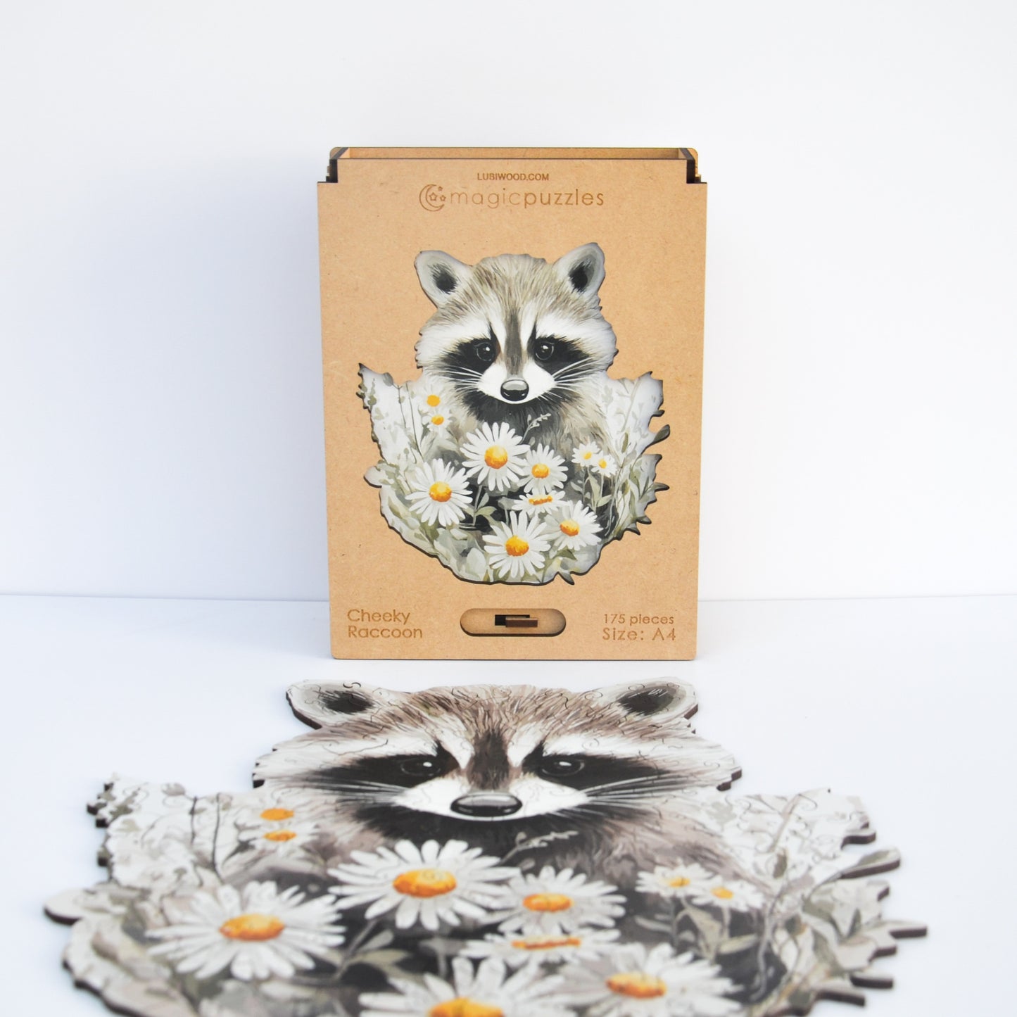 Rompecabezas de Madera Premium: Mapache Travieso con Flores Acuarela, Piezas Únicas