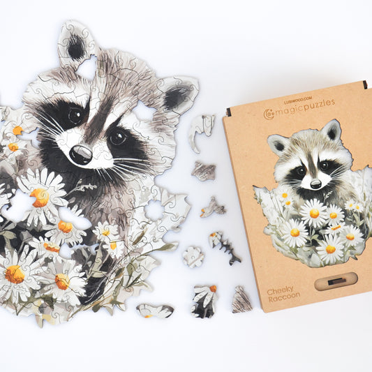 Rompecabezas de Madera Premium: Mapache Travieso con Flores Acuarela, Piezas Únicas
