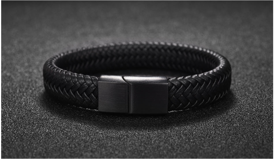 Premium Braided Leather Bracelet with Stainless Magnetic Clasp, Durable Style