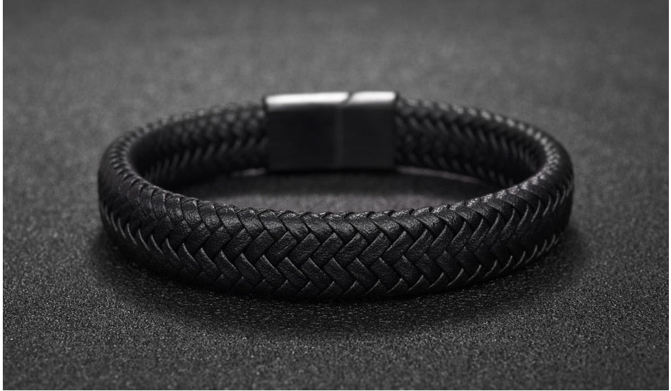 Premium Braided Leather Bracelet with Stainless Magnetic Clasp, Durable Style