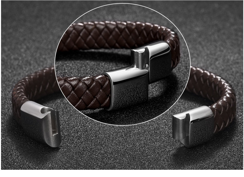 Premium Braided Leather Bracelet with Stainless Magnetic Clasp, Durable Style