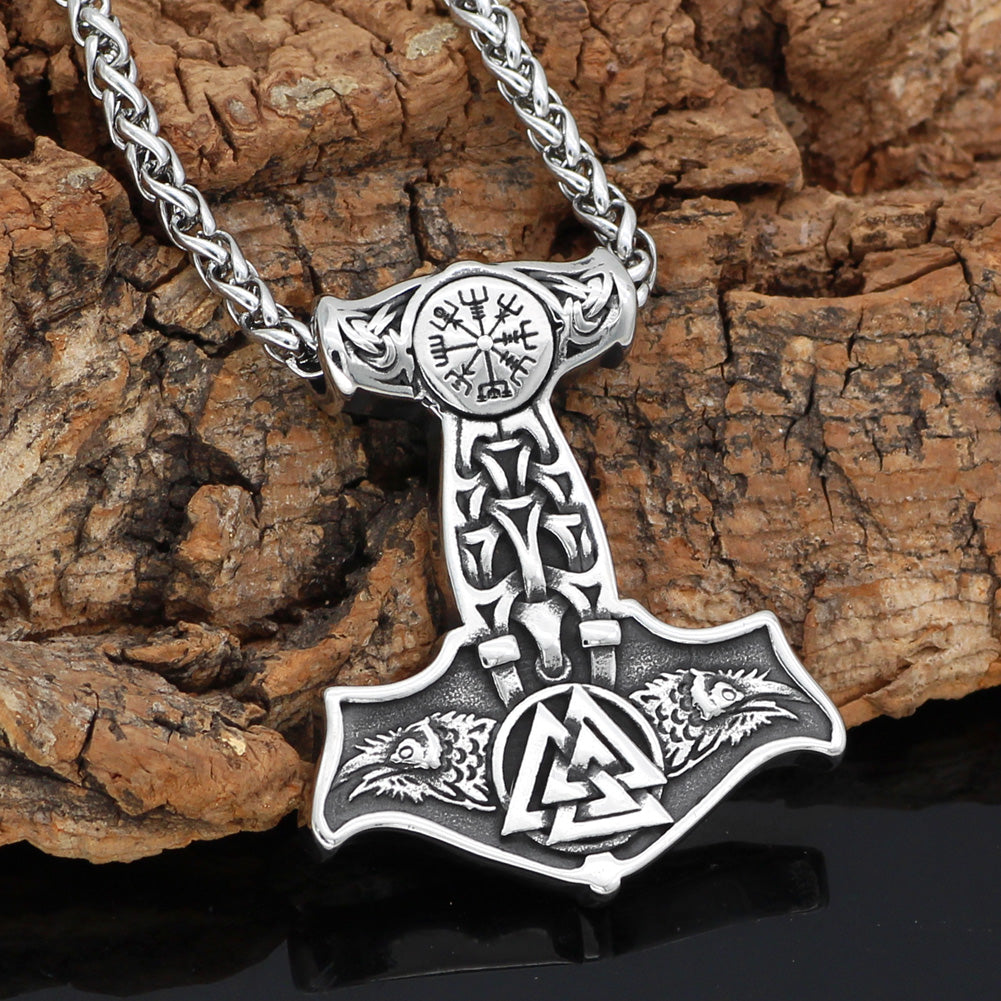 Ravens of Odin Mjolnir Necklace Stainless Steel Viking Pendant