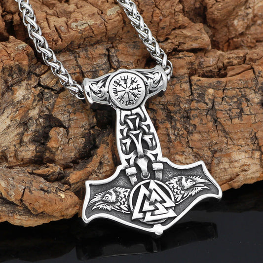 Ravens of Odin Mjolnir Necklace Stainless Steel Viking Pendant