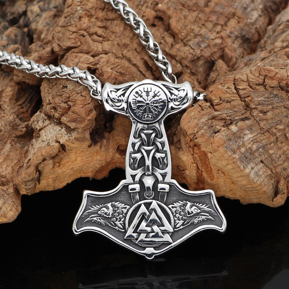 Ravens of Odin Mjolnir Necklace Stainless Steel Viking Pendant