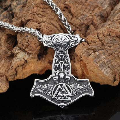 Ravens of Odin Mjolnir Necklace Stainless Steel Viking Pendant