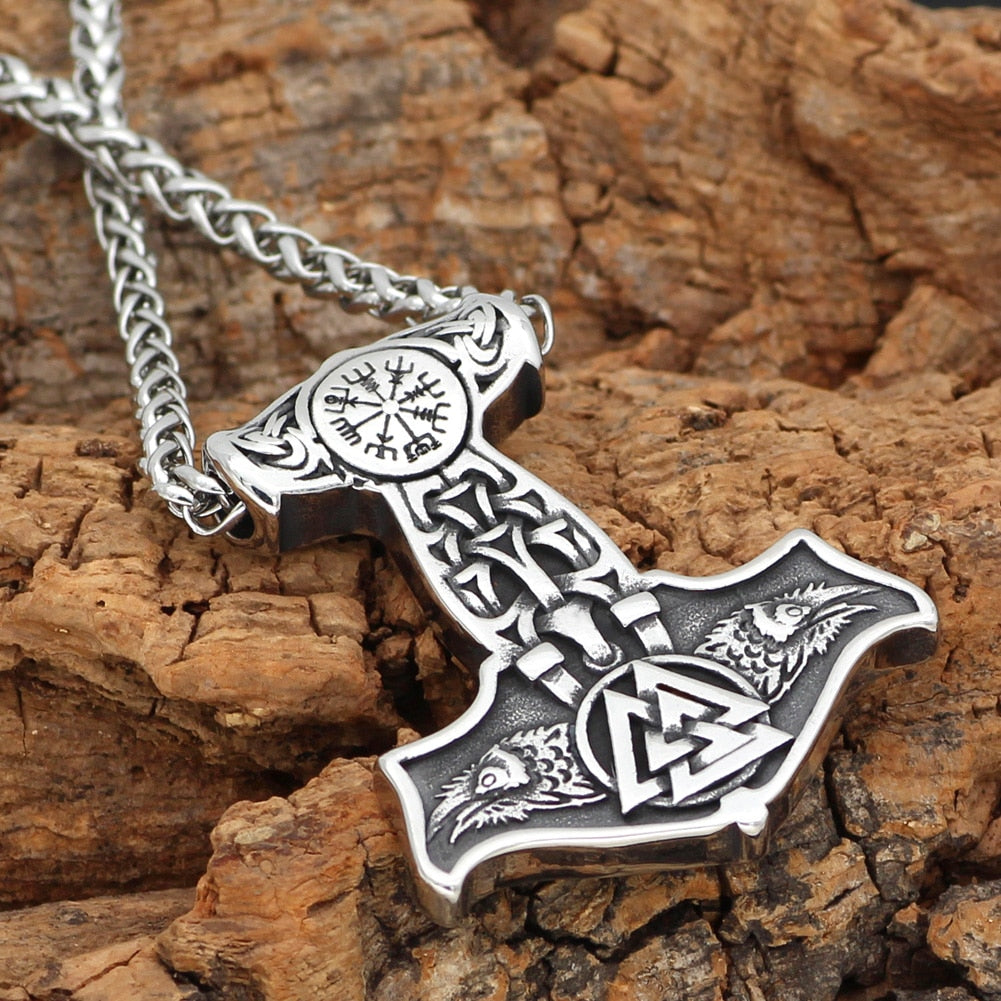 Ravens of Odin Mjolnir Necklace Stainless Steel Viking Pendant