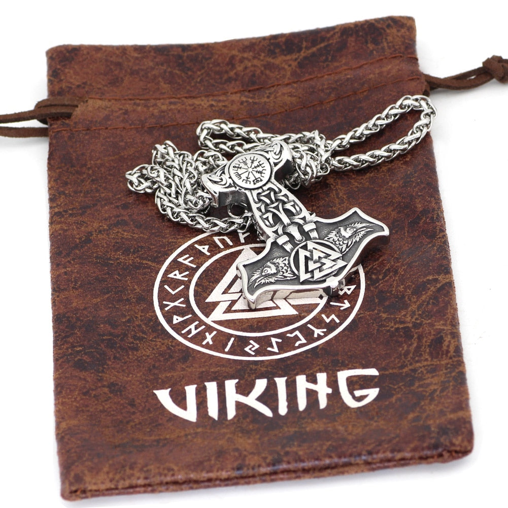 Ravens of Odin Mjolnir Necklace Stainless Steel Viking Pendant