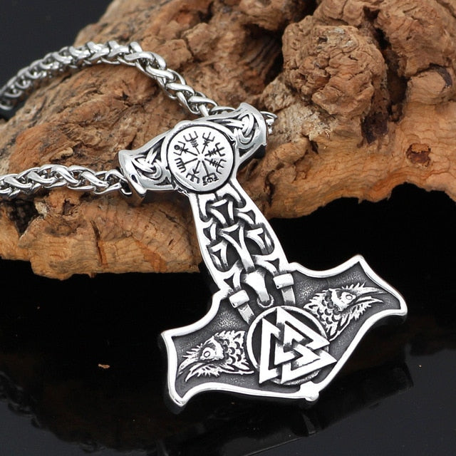 Ravens of Odin Mjolnir Necklace Stainless Steel Viking Pendant