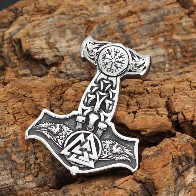 Ravens of Odin Mjolnir Necklace Stainless Steel Viking Pendant