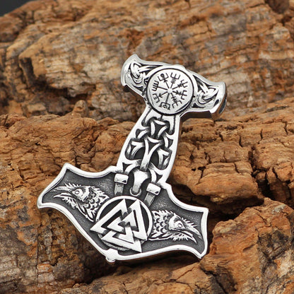 Ravens of Odin Mjolnir Necklace Stainless Steel Viking Pendant