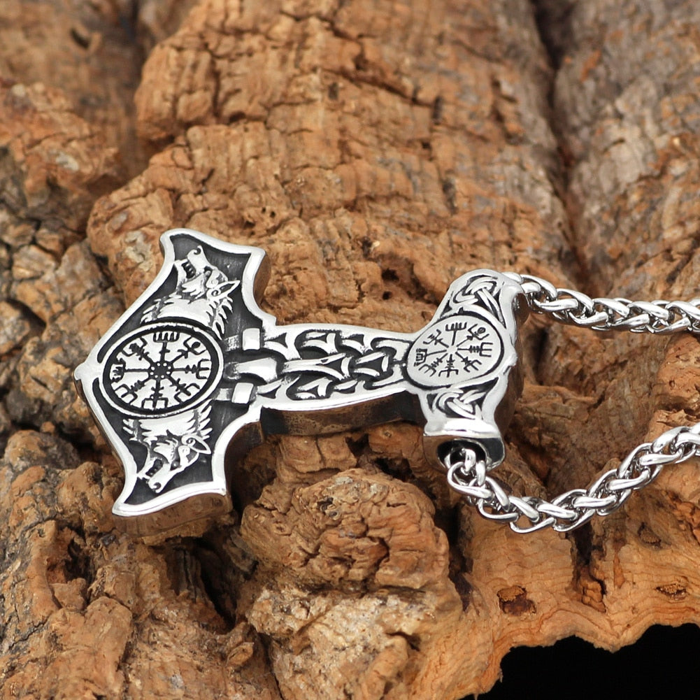 Stainless Steel Wolves of Odin Mjolnir Pendant with Snake Chain