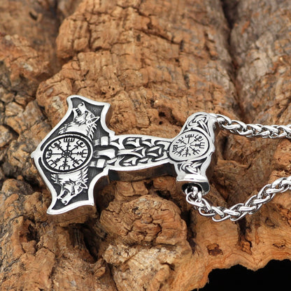 Stainless Steel Wolves of Odin Mjolnir Pendant with Snake Chain