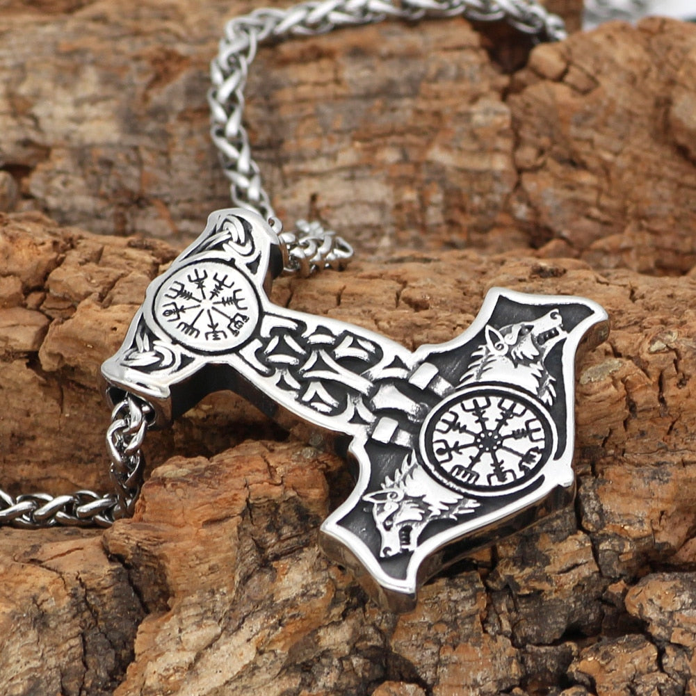 Stainless Steel Wolves of Odin Mjolnir Pendant with Snake Chain