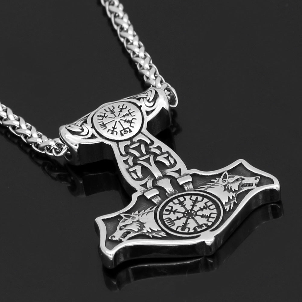 Stainless Steel Wolves of Odin Mjolnir Pendant with Snake Chain