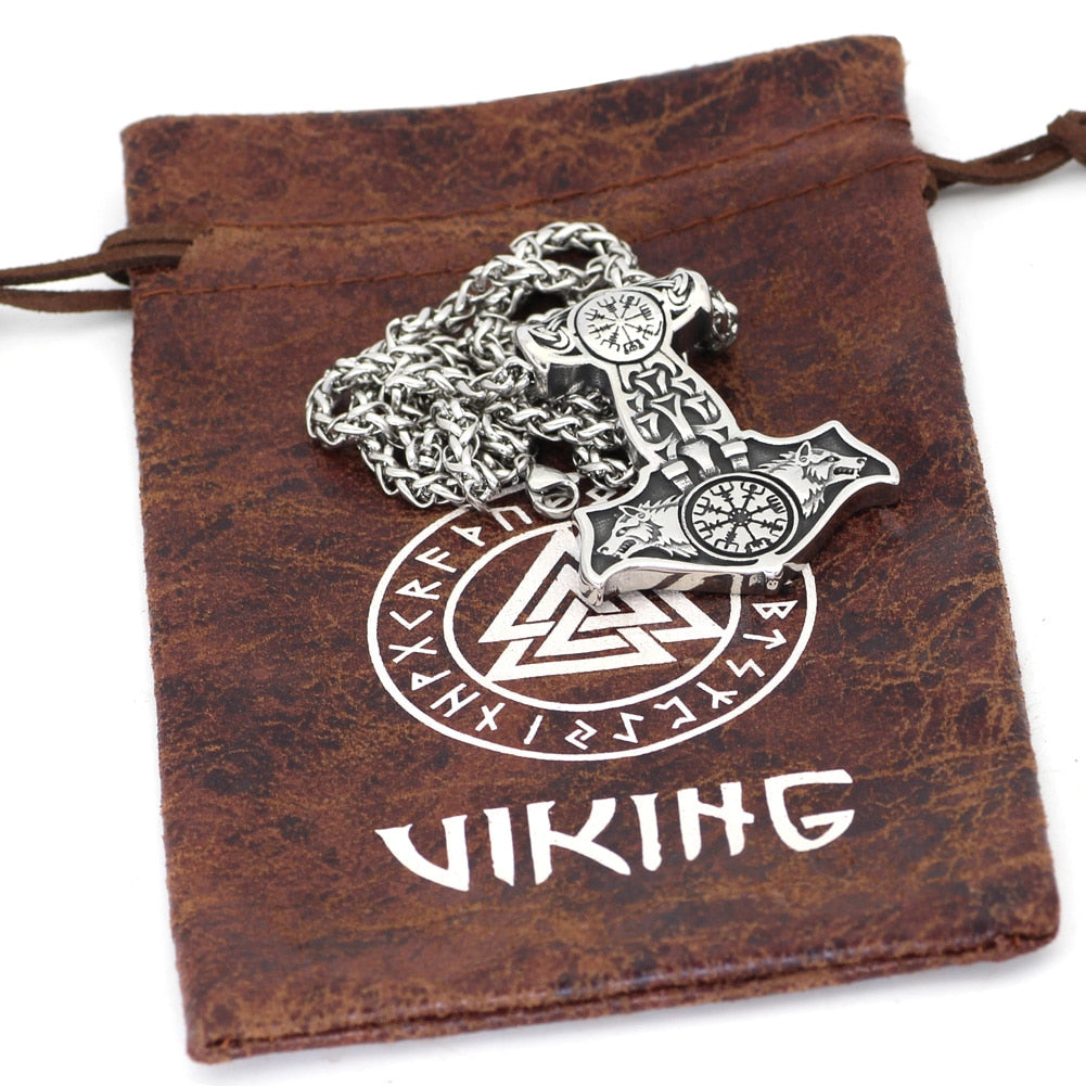 Stainless Steel Wolves of Odin Mjolnir Pendant with Snake Chain
