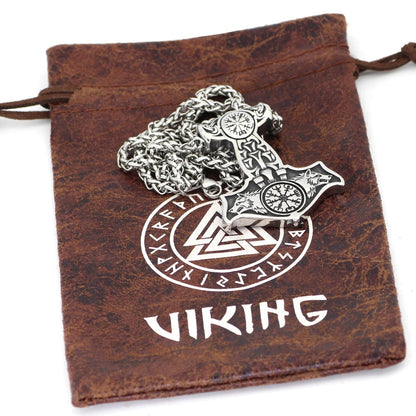 Stainless Steel Wolves of Odin Mjolnir Pendant with Snake Chain