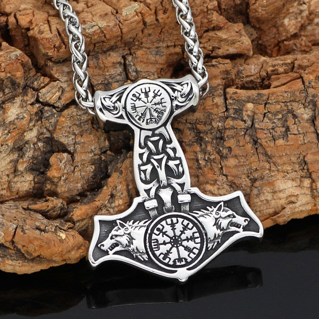 Stainless Steel Wolves of Odin Mjolnir Pendant with Snake Chain
