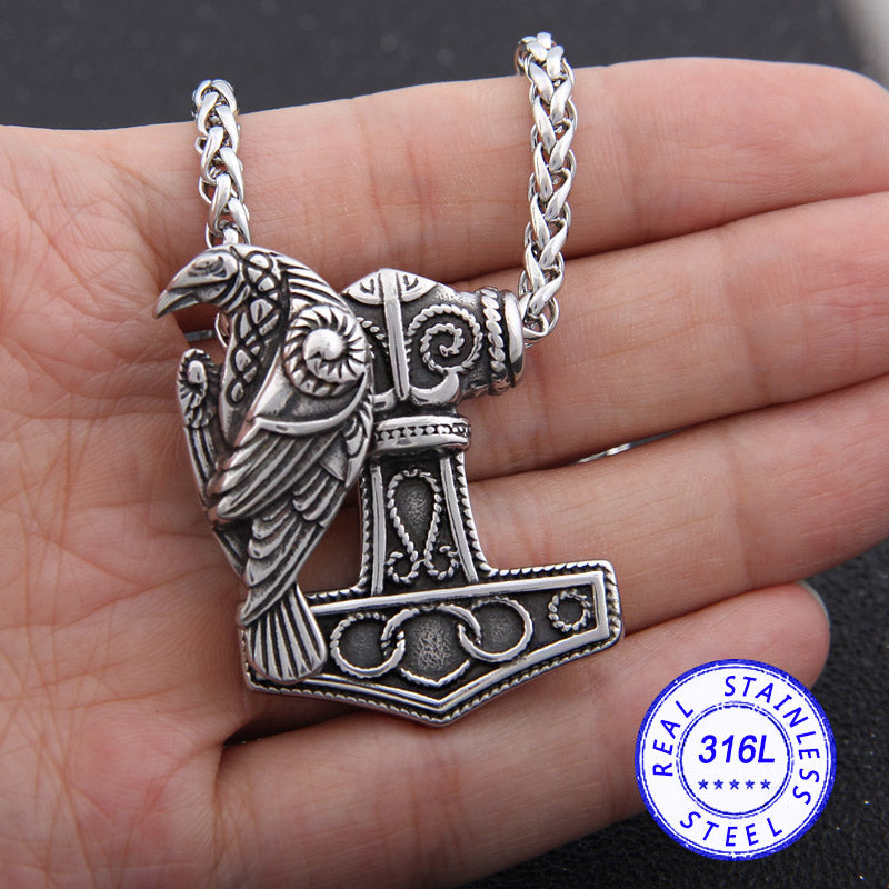 Stainless Steel Mjolnir Raven Pendant with Magnetic Raven and Chain